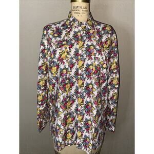 Mens 1970s NAF Button Up Floral Print Long Sleeve With Snaps Size Large Cotton